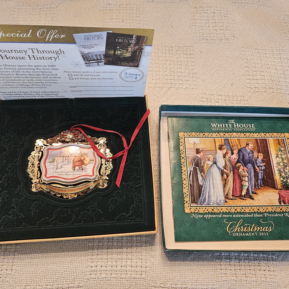 White House 2011 Christmas Ornament with Red Ribbon Featuring Teddy Roosevelt.